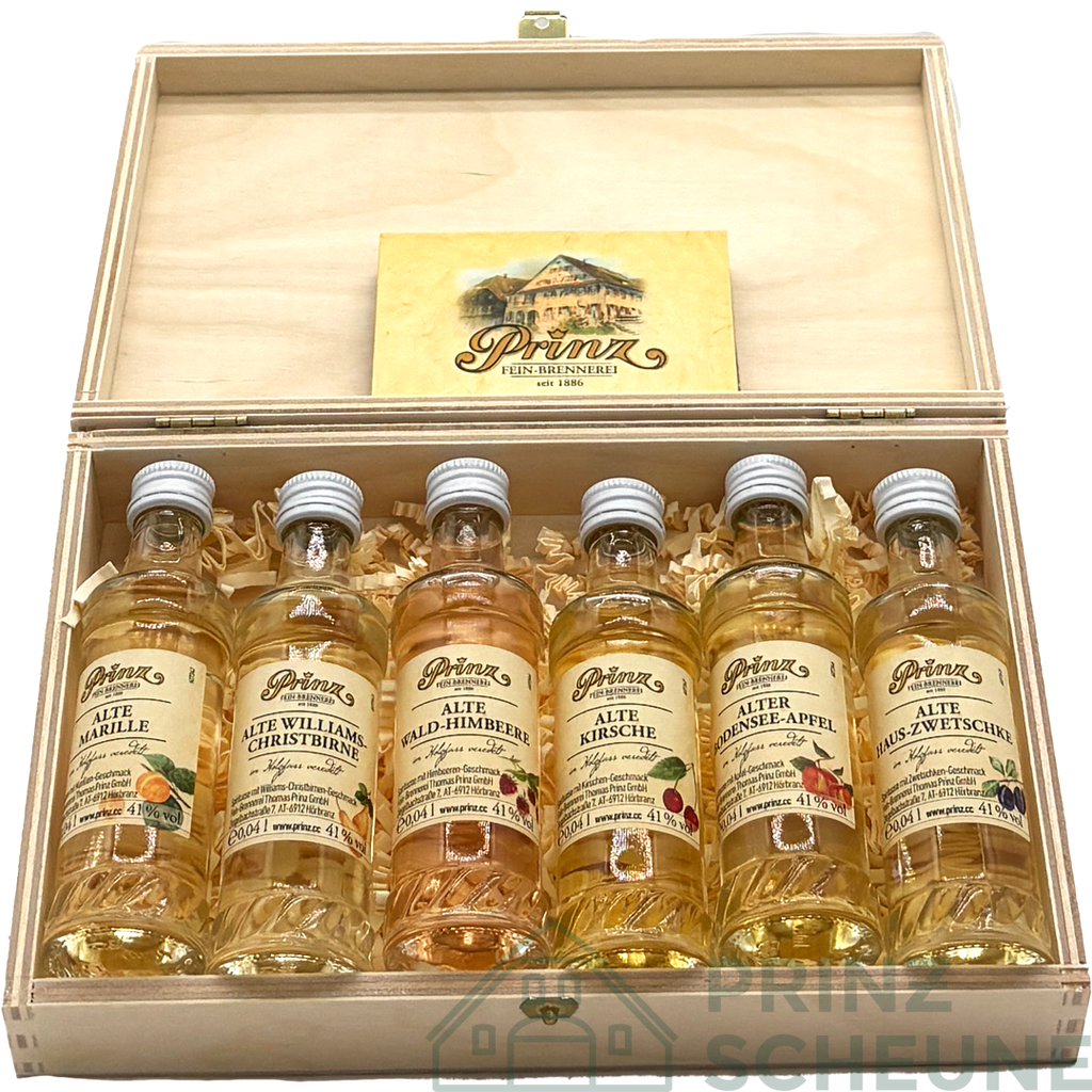 Alte Sorten-Holzschatulle 6 x 0,04 l 