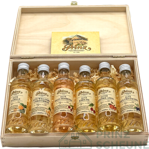 [17.18.00.24] Alte Sorten-Holzschatulle 6 x 0,04 l 